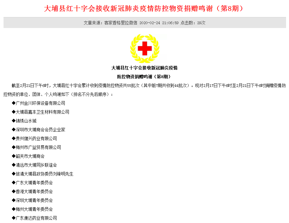 金川給大埔縣紅十字會(huì)、蕉嶺縣紅十字會(huì)等捐贈(zèng)消毒液用于疫情防控